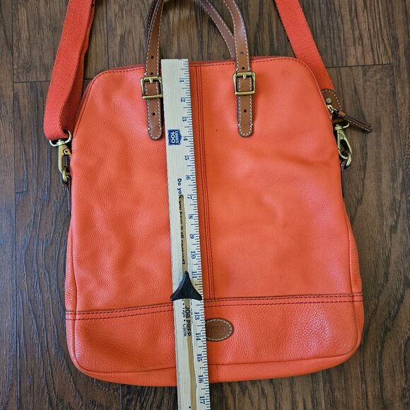 Fossil Explorer Orange Leather Foldover Crossbody Tote Shoulder Bag - Picture 2 of 14